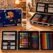 Set profesional pentru desen și pictură în valiză metalică cu tematică spațială – 133 de piese