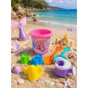 Set pentru nisipieră cu sirenă: 3 forme, căldărușă, stropitoare, 1 lopată, 1 greblă