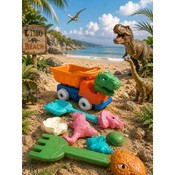 Set pentru nisipieră cu tematică de dinozauri: mașinuță, 1 greblă, 1 lopată, 4 forme, stropitoare