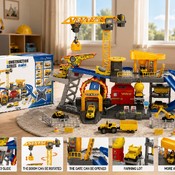 Set de construcții cu macara, parcare și vehicule