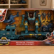 Camion militar cu robot de luptă, elicopter, vehicul și figurine