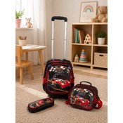 Set pentru școală, format din ghiozdan cu mâner telescopic și roți, mini geantă frigorifică și penar asortat. Disponibil designuri pentru băieți și fete.