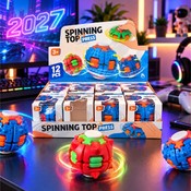 Show box cu 12 mingi antistres Fidget Spinner Ball rotative, modele multicolore cu țepi și buton interactiv