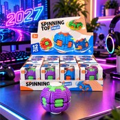 Show box cu 12 mingi antistres Fidget Spinner Ball rotative, model mov-verde cu suprafață texturată și buton interactiv